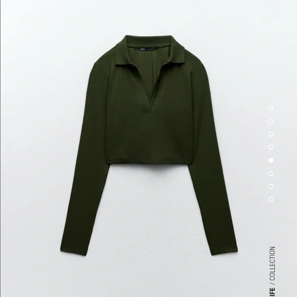 Zara khaki crop top knit polo collar - Picture 2 of 3